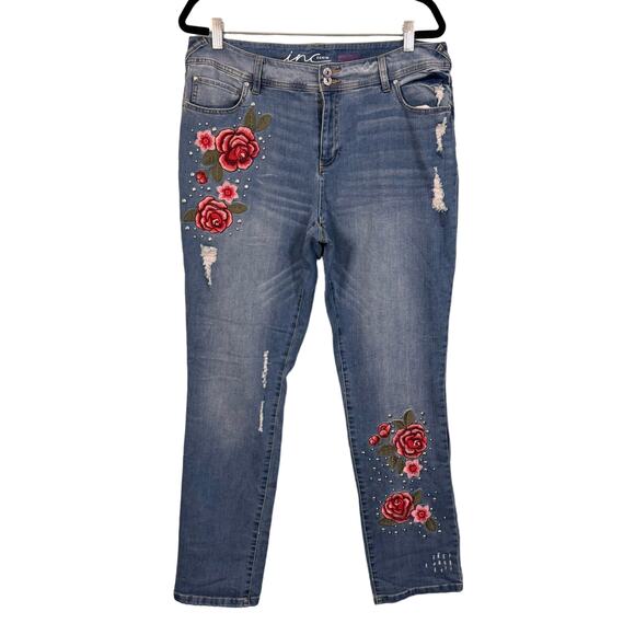 INC Denim - INC Denim Jeans 12 Boyfriend Regular Fit Floral Embroidered Distressed Blue